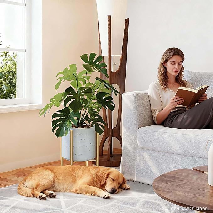 Adjustable Metal Plant Stand Indoor, Fits 8-14 Inch Pots, Mid Century Modern Gold Planter Holder,2 Heights, Heavy Duty 160 lb, Indoor Outdoor Corner Floor Pot Stand, Golden with Round Plate 2 Pack