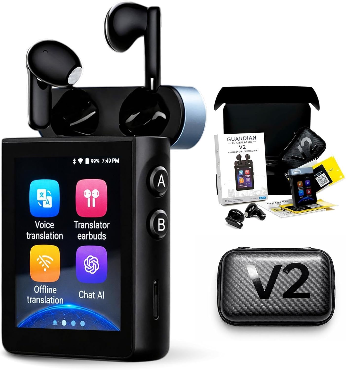V2 AI Translator Device - Real-Time Two-Way Voice & Camera Translation | 144 Languages | Built-In ChatGPT