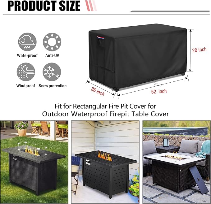 Youlvy Fire Pit Cover Rectangular 52 Inch - Waterproof Outdoor Fire Table Cover Rectangle Heavy Duty, 600D Patio Propane Gas Firepit Cover Rectangular Tear Weather Resistant - 52 x 36 x 20 Inch