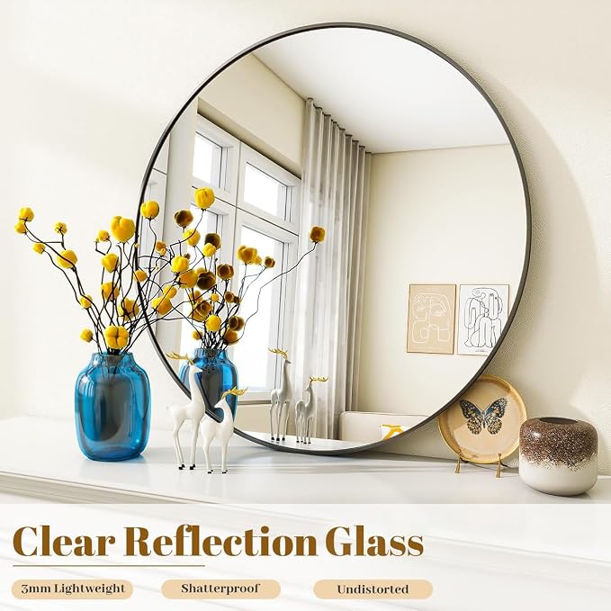 VooBang Black Round Bathroom Mirror, 30 inch Circle Wall Mounted Hanging Mirror with Simple Modern Circular Metal Frame for Hallway, Entryway, Living Room, Black Frame