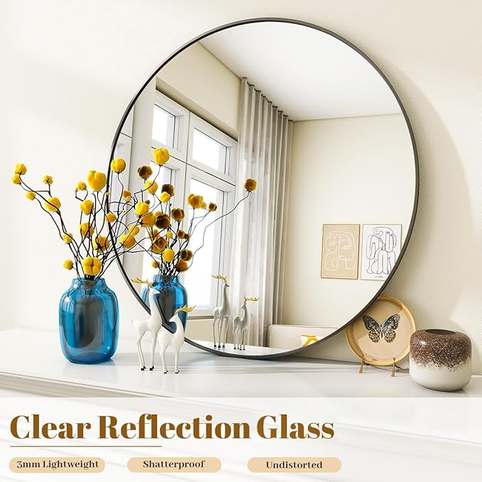 VooBang Black Round Bathroom Mirror, 24 inch Circle Wall Mounted Hanging Mirror with Simple Modern Circular Metal Frame for Hallway, Entryway, Living Room, Black Frame