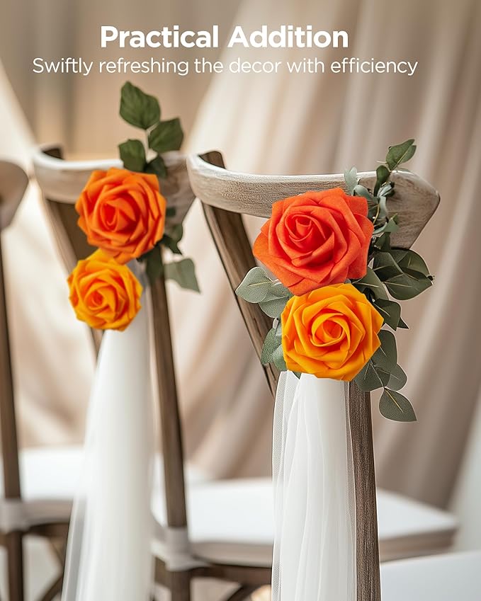 InnoGear Artificial Flowers, 100 Pcs Shades of Orange Rose Foam Fake Roses Bulk with Stems for Autumn Fall Decoration DIY Wedding Bouquets Centerpieces Bridal Shower Party Christmas Tree