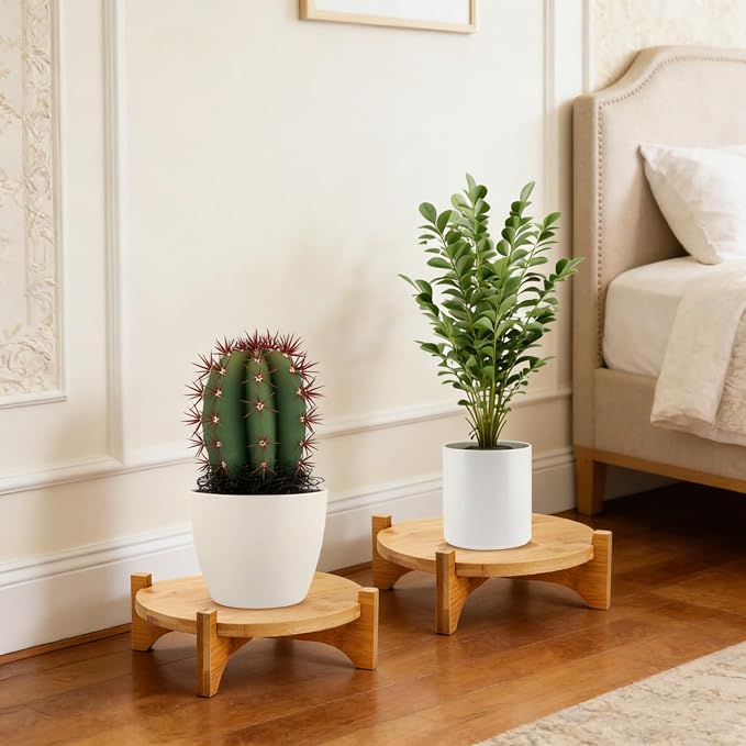 Pumtus 2 Pack Small Plant Stand, Wood Indoor Planter Stand, Bamboo Detachable Flower Pot Holder, Mid Century Potted Plant Rack for Outdoor Garden Home, Fits Up to 8 Inch Planter (Pot Not Included)