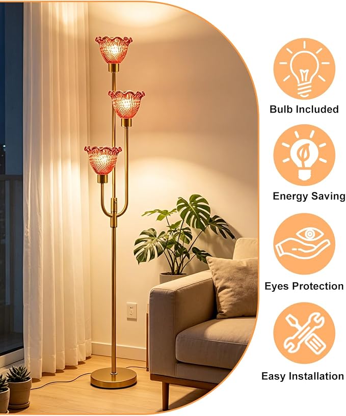 Lightdot 3-Lights Glass Floor Lamp 66IN Modern Gold Dimmable Floor Lamps with 3000K Warm White Bulbs for Wedding Party Tall Standing Lamp with Deep Red Glass Shade for Living Room/Bedroom/Home Decor