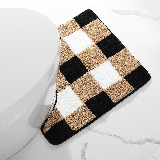 U Shape Checkered Bath Mat - Super Absorbent, Soft and Thick, Rubber Backing Non-Slip, Machine Washable Shower Rug, Bath Mat, Bathroom Home Decor Accessories, 20"x22" (50x55cm), Brown