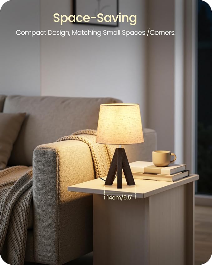 Small Table Lamp for Bedroom, 14.6" Bedside Lamp with Beige Linen Shade & Walnut Wood Tripod Base, Modern Nightstand Lamp for Living Room, Nursery, Entryway, E26 Socket, VE51TL05