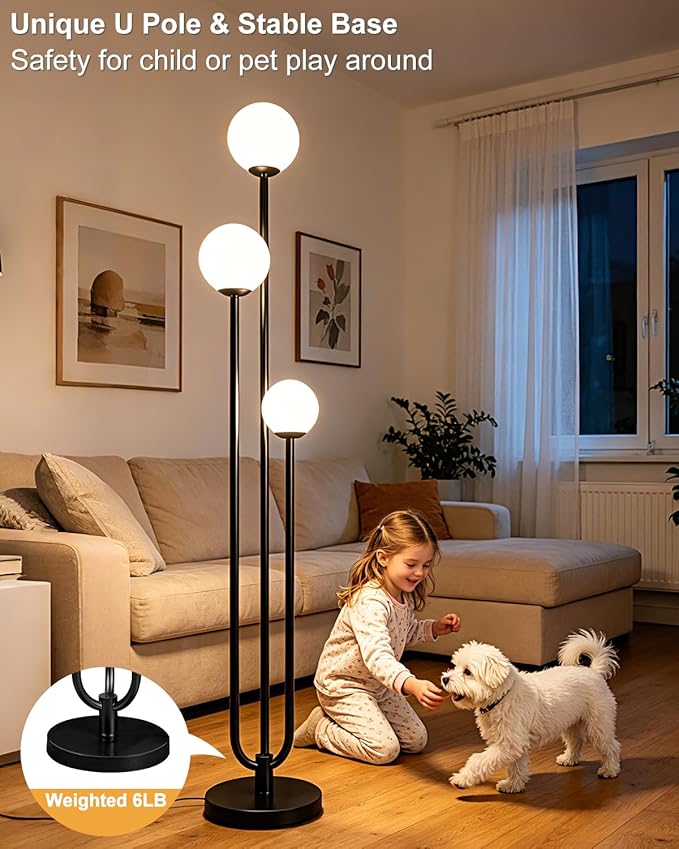 63IN 3-Light Dimmable Floor Lamp, Unique Black Tall Standing Lamps with 3000K Bulbs for Reading, Mid Century Modern Floor Lamp with 5Lbs Heavy Base for Living Room Bedroom Office
