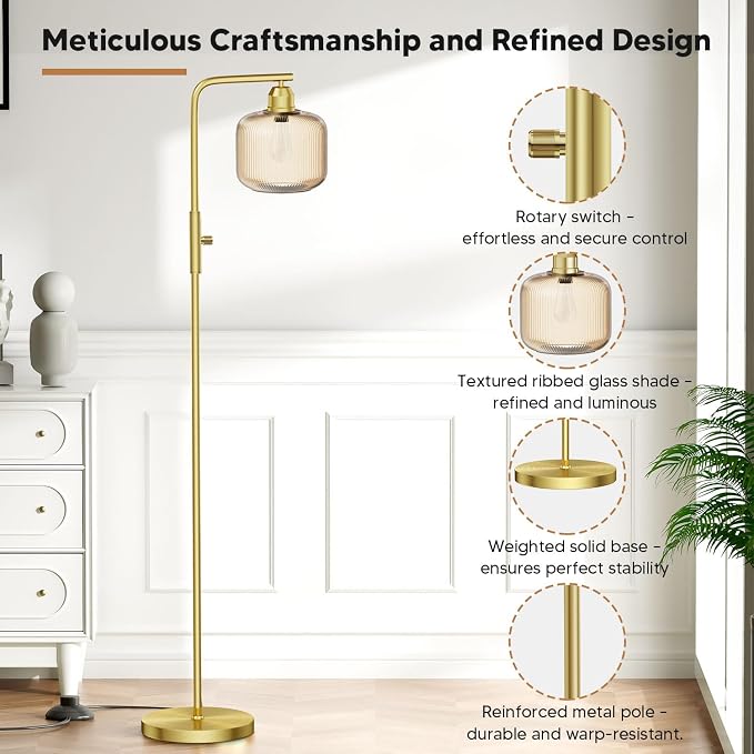 Glass Floor Lamp for Living Room, Modern Standing Lamp with Champagne Gold Ribbed Glass Lampshade, Stepless Dimmable Rotary Switch, 66” Tall Lamp & Gold Floor Lamp for Bedroom Study Room,Brushed Gold