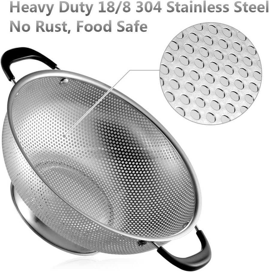 Tiawudi 5-Quart Stainless Steel Colander - Easy Grip Micro-Perforated Strainer with Heat-Resistant Handles
