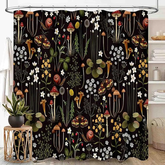 Mushroom Shower Curtain, Retro Wild Floral Botanical Mushroom Floral Moth Cottagecore Nature Plants Leave Herbs Black Farmhouse Waterproof Fabric Bathroom Shower Curtain Set with Hooks, 72"x84" Inch