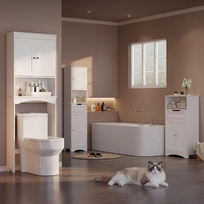 Gizoon Over the Toilet Storage Cabinet with Adjustable Shelf and Double Doors, Bathroom Space Saver Organizer Above Toilet with Open Shelf, Taller Wooden Free Standing Toilet Rack -White