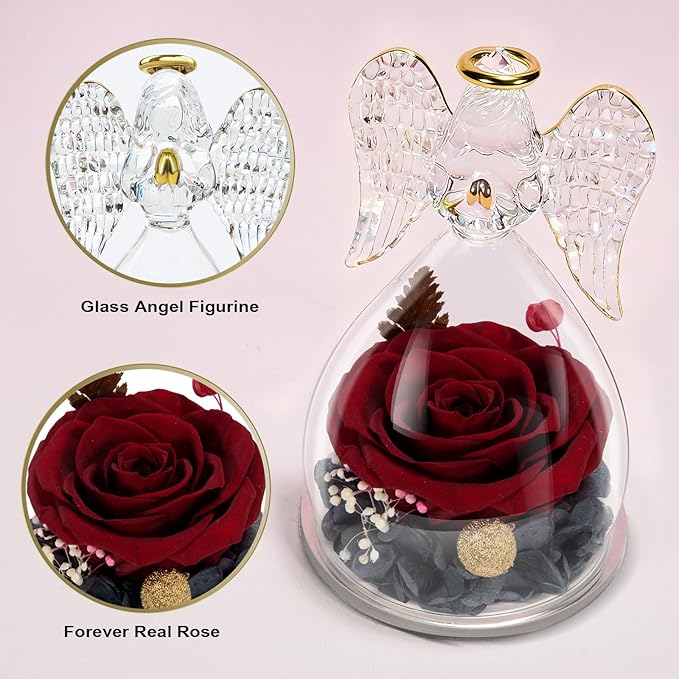 Yamonic Mom Birthday Gifts for Women,Glass Angel Figurines Real Rose Gifts for Grandma,Preserved Roses Forever Flower for Christmas Mothers Day Wife Anniversary Valentine's Day Gifts for Her(WineRed)