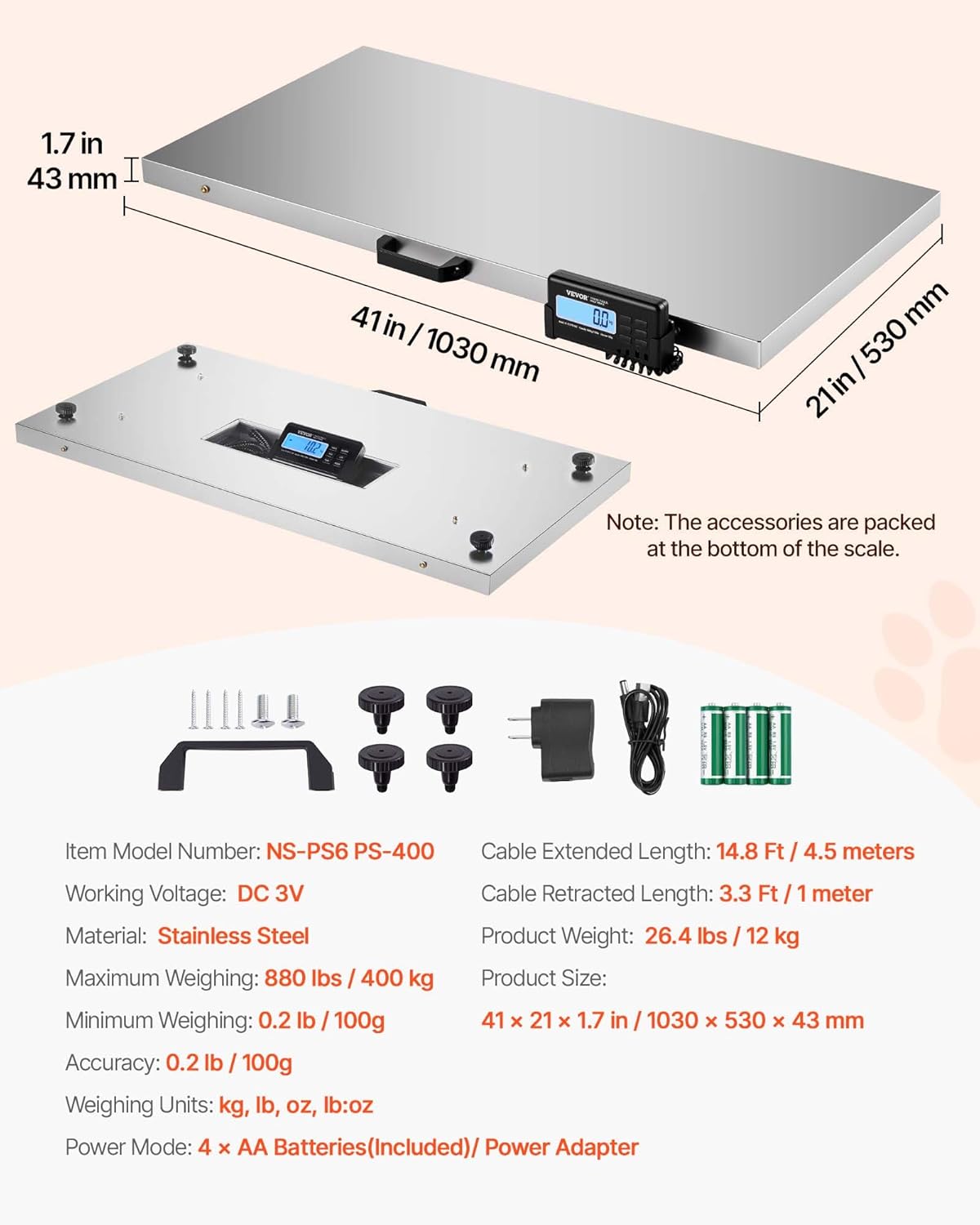 VEVOR Livestock Scale - 880Lbs Capacity, Large Stainless Steel Platform 40.6"x20.9" for Pets & Animals