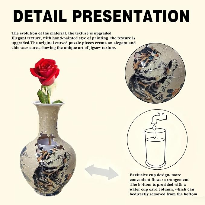 3D Puzzle Vase, 160 Curved Pieces DIY Flower Vase Craft Kit & 3D Puzzles for Adults, Creative Jigsaw Art Project Home Décor Centerpiece, for Women, Mom (Beige Cat & Butterfly)