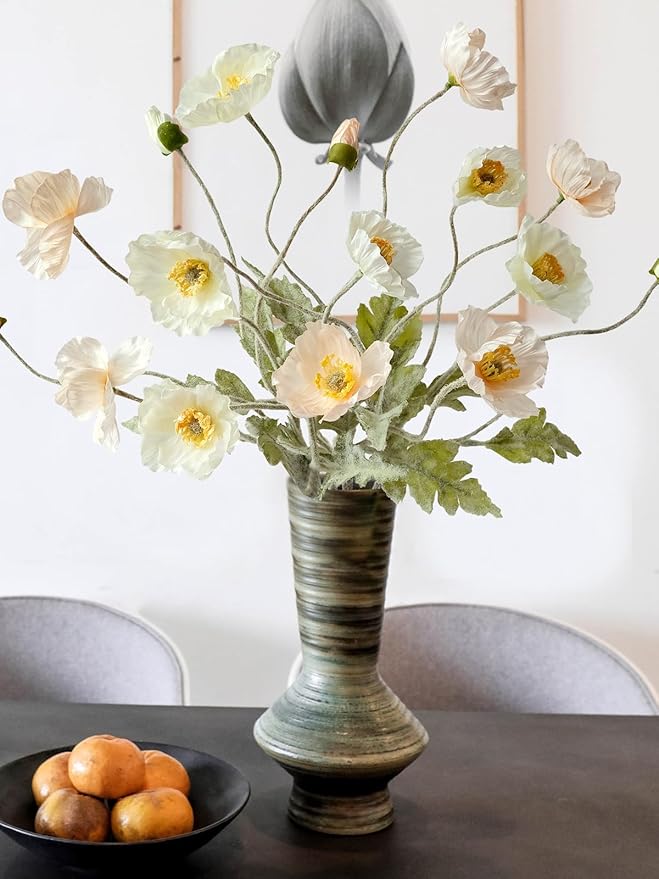 Champagne Poppy Flowers Fake 6PCS Faux Poppies Artificial with Long Stems Silk Bouquet for Home Kitchen Wedding Centerpiece Decor