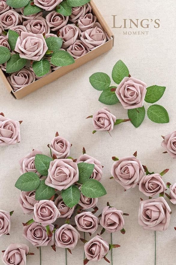 Ling's moment Artificial Flowers 1.5" and 2" Dusty Rose 25pcs Realistic Rose Buds and Petite Roses w/Stem for DIY Wedding Bouquets Centerpieces Boutonniere Corsages Flower Decorations
