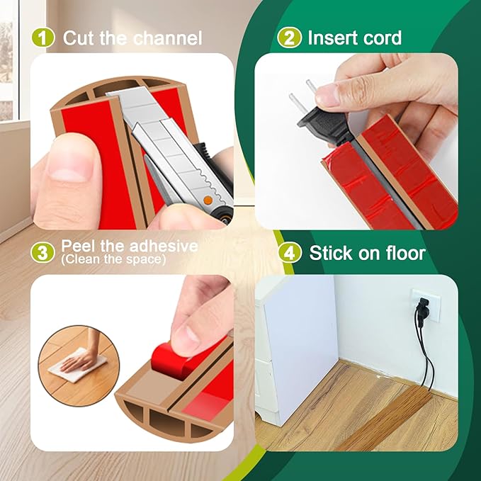 Floor Cord Cover Cable Cavity Self Adhesive Hider - Electric Cord Covers for Living Rooms, Offices - Cable Cover Protector (Wood Brown, 1.18" x 3.3')