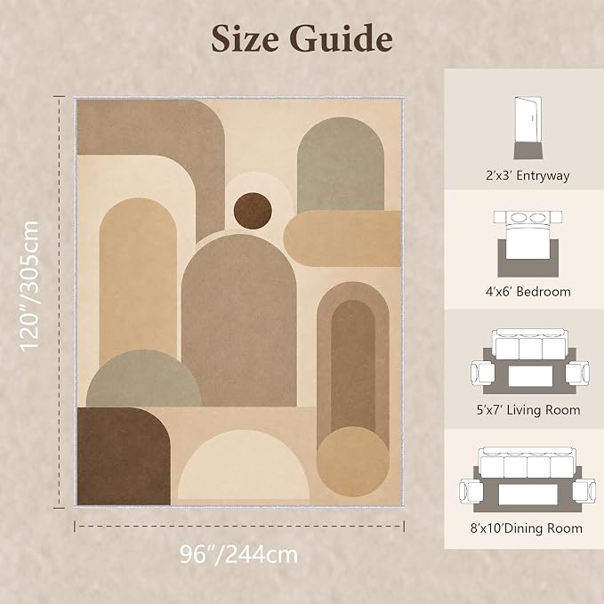 Neutral Geometric Area Rug 8x10, Mid Century Modern Abstract Rug, Soft Taupe Beige Color Block Washable Low Pile Non Slip Rug for Living Room Bedroom