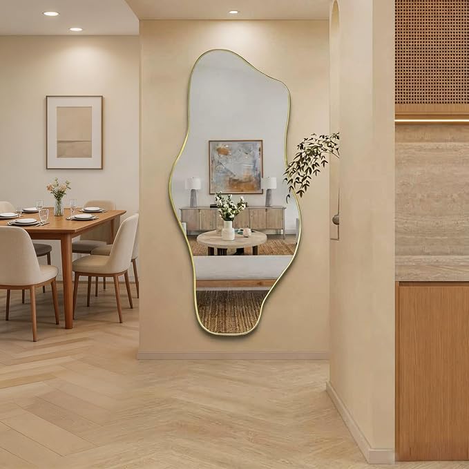 Irregular Full Length Mirror, 67"x31" Large Asymmetrical Tempered Glass Mirror, Gold Organic Frameless Wall Mirrors for Entryway Hallway Bedroom Living Room, Horizontal or Vertical Hanging