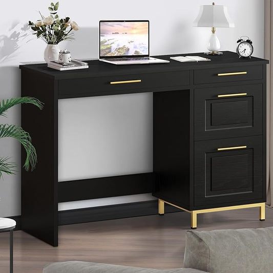 4 EVER WINNER Computer Desk with Drawers, 43 Inch Small Desk with Golden Handle, Home Office Desk with Storage Shelves for Bedroom, Black