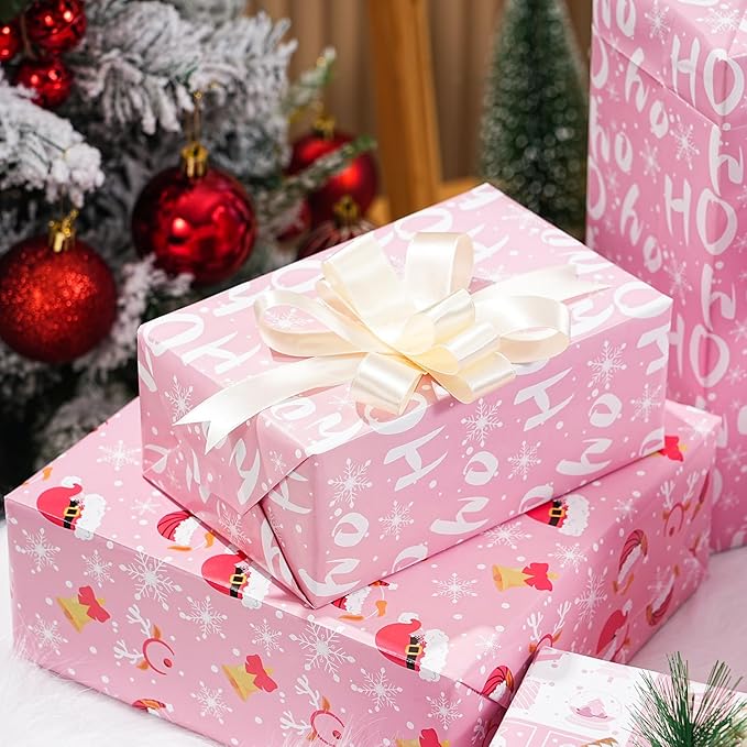 PlandRichW Pink Christmas Wrapping Paper 12 Sheets Folded for Girls Kids Adults, 20 x 29 inches Gift Wrap 4 Designs including HO Prints, Santa Claus, Snowflakes and Reindeer Holiday Collection