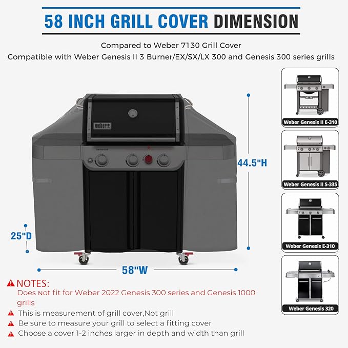 KINGLY Heavy Duty 58 Inch Grill Cover for Weber Genesis 300 & Genesis II 300 Series,600D Waterproof Fade Resistant BBQ Gas Grill Cover for Outdoor Grill with Straps,Compared to Weber 7130