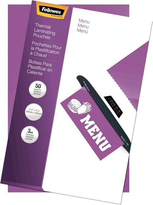 Fellowes Hot Laminating Pouches - 3 Mil Thickness | Menu Size, 50 Pack for Professional Protection