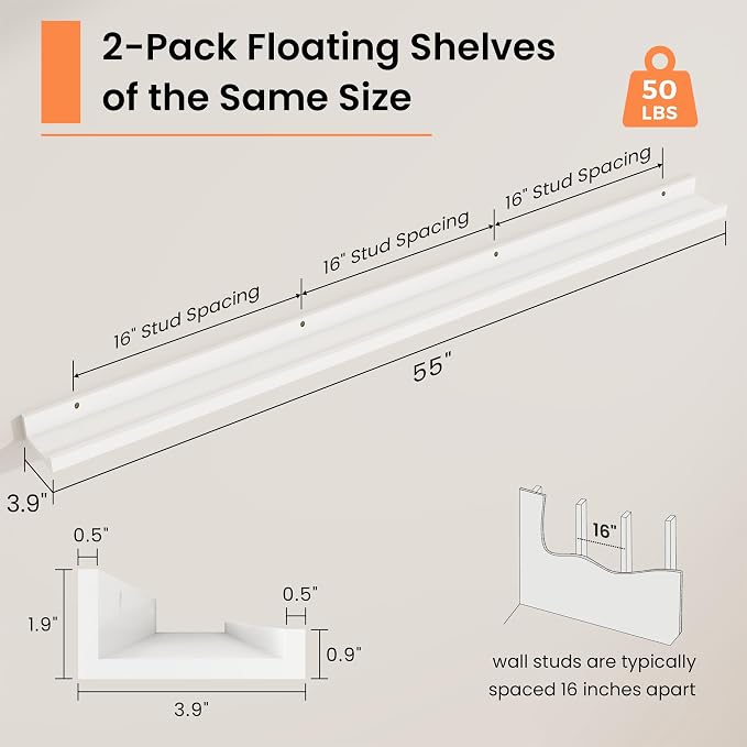 RICHFOCUS Picture Ledge Shelf, 55 inch Floating Shelves Set of 2, Wood Wall Shelves with Lip, Wall Decor Storage for Bedroom Living Room Bathroom Kitchen Nursery Photo Picture, White
