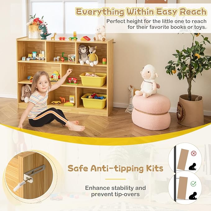 Costzon 3-Shelf Bookcase for Kids, Wooden Toy Storage Organizer for Books Toys, 8-Section Freestanding Classroom Daycare Montessori Bookshelf for Preschool, Home Playroom & Kindergarten (Burlywood)