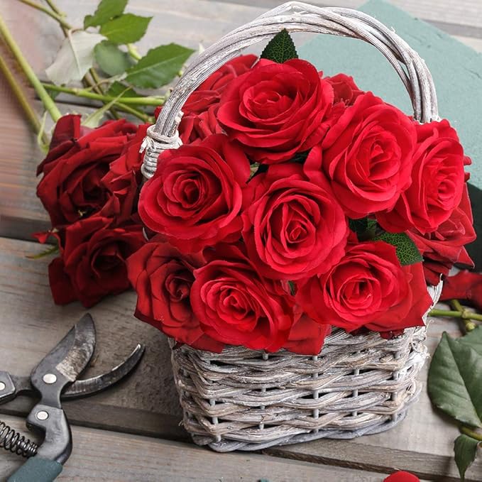 Mocoosy 12PCS Red Roses Artificial Flowers, Fake Roses with Long Stems Realistic Silk Rose Bouquets Wedding Centerpiece Decorations Faux Floral Arrangements Bridal Shower Party Home Office Table Decor