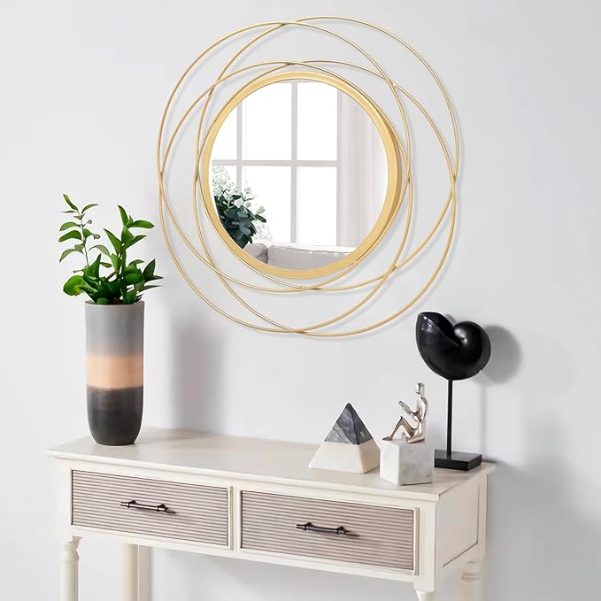 Gold Wall Mirror Mounted Round Decorative Mirrors with Iron Metal Wire Frame Mirror for Wall, Home Decorative Bathroom Vanity, Living Room or Bedroom White Small 20” x 20”