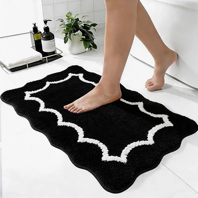 Scalloped Black Bathroom Rugs Mat,Shaggy Soft Non Slip Absorbent Quick Dry Bath Mats for Shower Room,Plush Microfiber Bath Rug for Bathroom Floor Carpet for Shower Tub Sink Bedroom,16"x24"