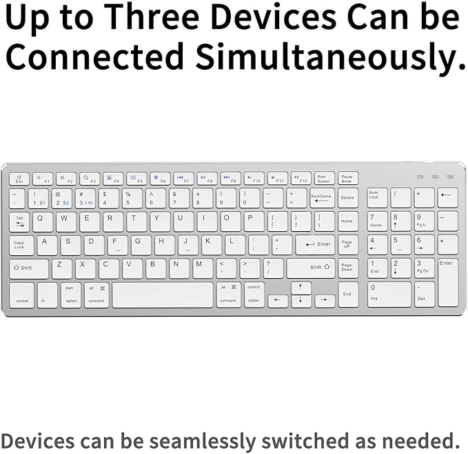 JKSML Wireless Keyboard with 102 Keys, Bluetooth and 2.4 GHz Wireless, Low Profile, Number Pad, Fluid Quiet Typing, 12 Programmable Keys, USB C Rechargeable, for Phone, Tablet, PC, Laptop, TV - White