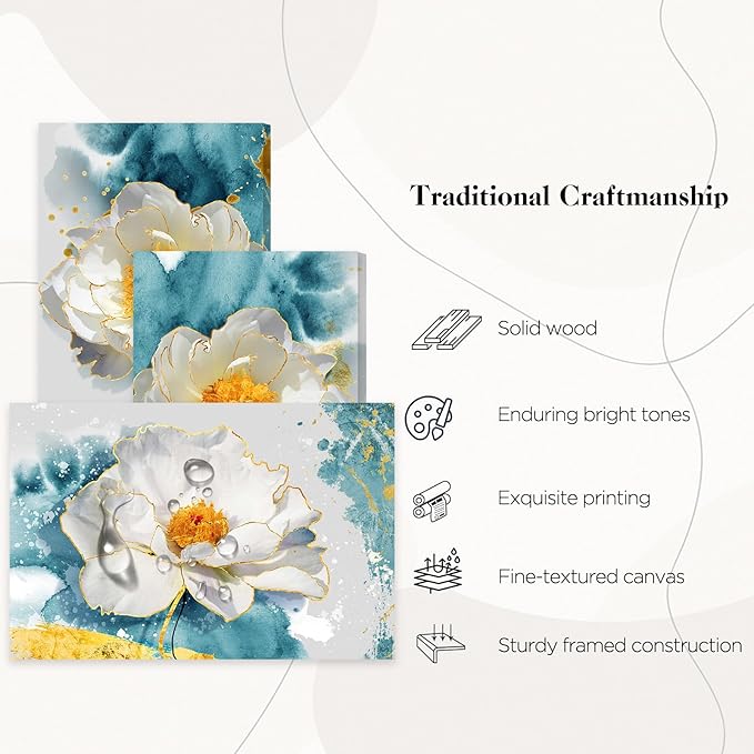 SERIMINO Peony Flower Canva Wall Art for Living Room, Modern White Blossom Artwork Blue Floral Picture Wall Decor for Bedroom Bathroom Kitchen Dining Room Prints Paintings for Home