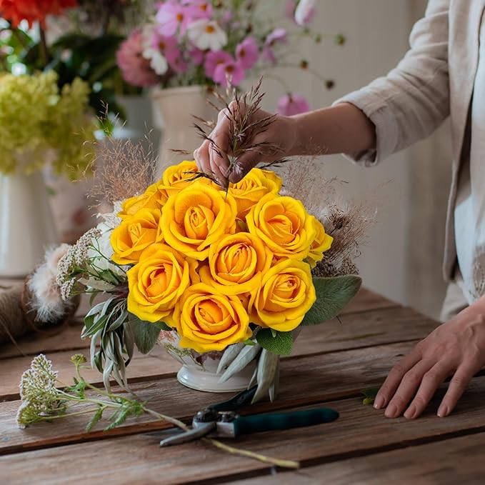 12 Pcs Artificial Rose Flowers, Silk Roses with Long Stems, Realistic Fake Roses for Wedding Centerpiece Party Home and Office DIY Decor, Yellow