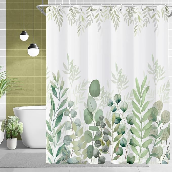 Green Eucalyptus Shower Curtain, Leaf Plant Herbs Spring Nature Waterproof Fabric Machine Washable with Hooks for Bathroom Bathtub Decor 60Wx72H