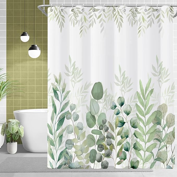 Green Eucalyptus Extra Long Shower Curtain, Leaf Plant Herbs Spring Nature Waterproof Fabric Machine Washable with Hooks for Bathroom Bathtub Decor 72Wx78H