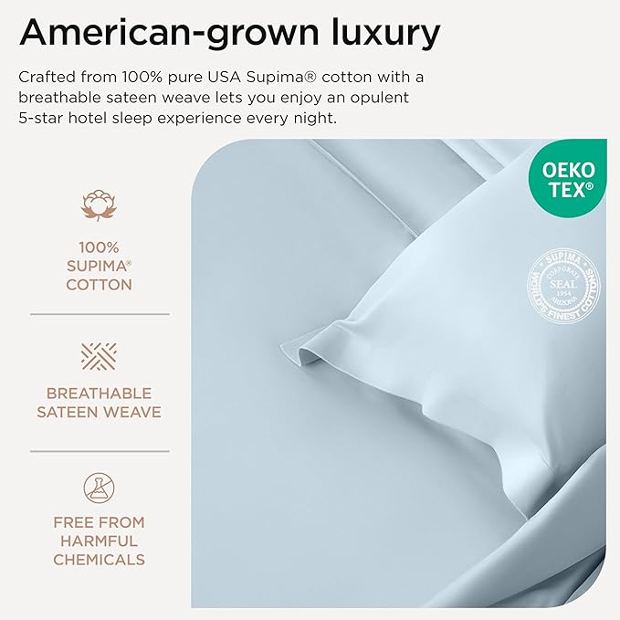 Threadmill Luxury Full Size Sheets for Full Size Mattress, 1200 Thread Count Supima Cotton Sheets for Full Mattress, 5-Star Hotel Quality 4 Piece Bed Sheets with Extra Deep Pocket, Light Blue
