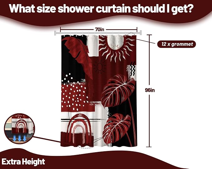 Extra Long Shower Curtain 96 Inchs Extra Tall Black and Red Mid Century Modern XL Boho Burgundy Shower Curtains for Large Bathroom Decor Sets, Waterproof Cloth Fabric with Hooks, 70 x 96 Inch