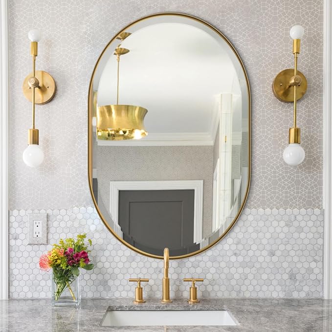 POZINO Beveled Bathroom Mirror, 24"x36" Brushed Gold Oval Vanity Mirror Over Sink, Pill Shaped Capsule Wall Mirrors for Bedroom Entryway Living Room, Hangs Vertically or Horizontally