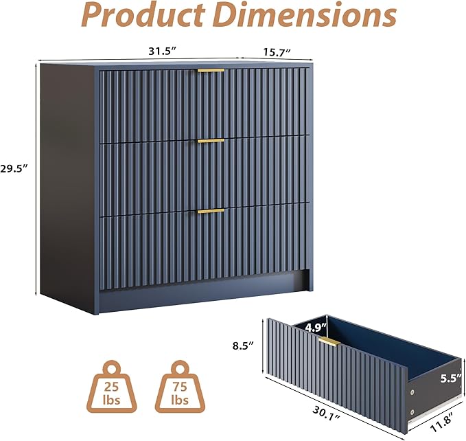 3-Piece Dresser Bedroom Set, 9 Drawer Dresser & 3 Drawer Nightstands with Gold Handles, Fluted Wood Chest of Drawers for Bedroom, Living Room, Entryway, Navy Blue