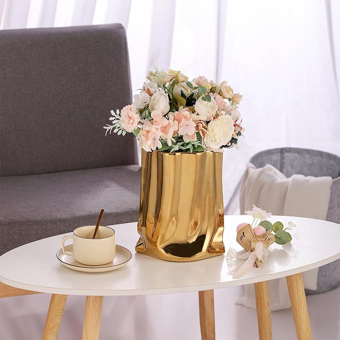 VanEnjoy Large Gold & Silver Ceramic Vases - Wide Mouth Home Decor, Chrome Handbag Vase