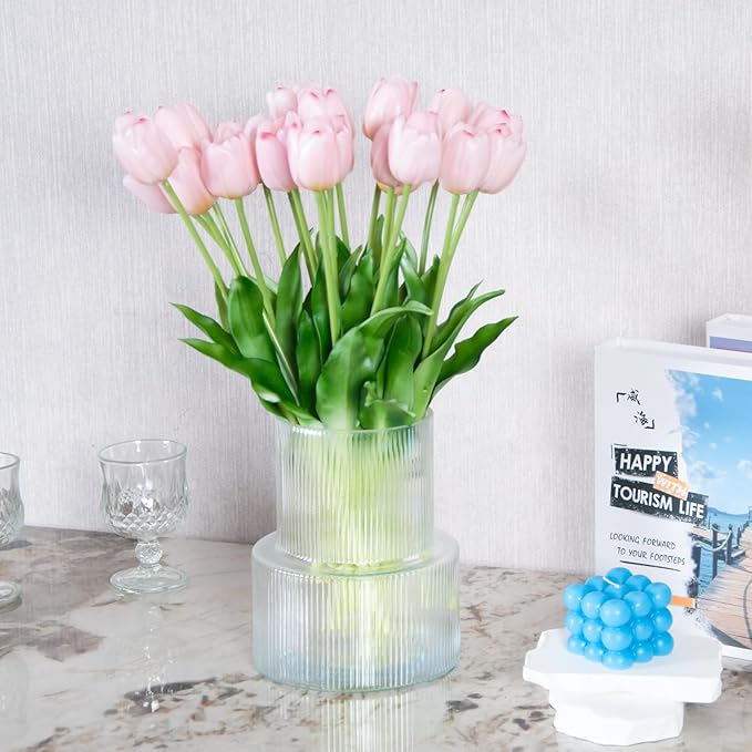 20 Artificial Tulips in Fluted Glass Vase, Waterproof Faux Flowers Bouquet for Wedding Home Office Decor, Table Centerpiece, Housewarming Birthday Gift Set (Pink)