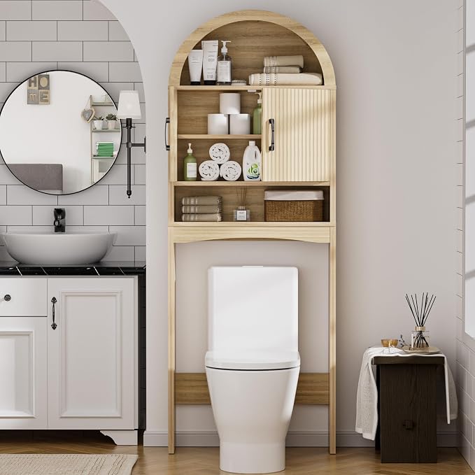 Spurgehom Over The Toilet Storage Cabinet, Bathroom Shelf Organizer Freestanding, Bathroom Arch Cabinet Over Toilet with Toilet Paper Holder and Anti-Tipping Device (Narrow Style-Wood)