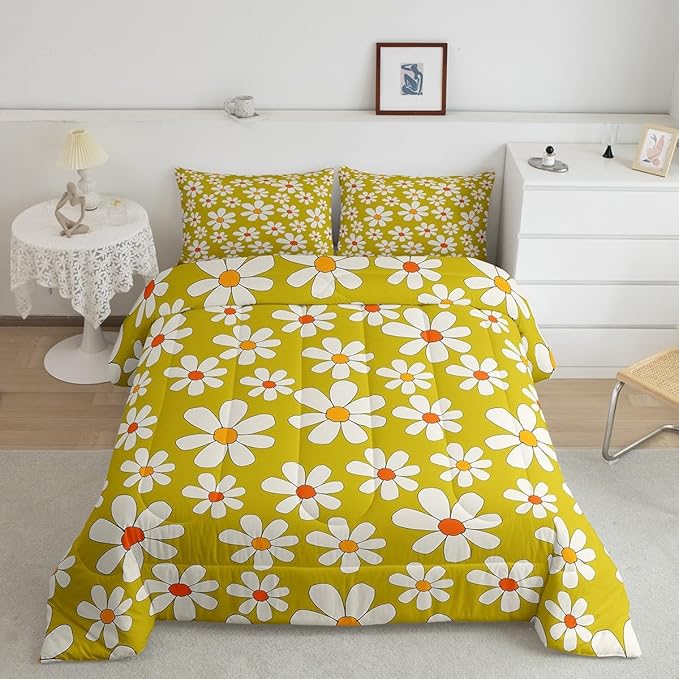 Hippie Flowers Comforter Set Twin Size,70s Retro Floral Quilt Set for Kids Boys Bedroom Collection,Groovy Cartoon White Daisy Polyester Bedding with 1 Pillowcase,2Pcs
