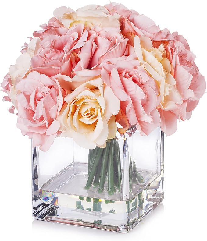 ENOVA FLORAL 18 Pieces Pink Rose Artificial Flowers in Vase, Floral Arrangements Artificial with Vase for Dining Table Decoration, Home Decor Indoor(Pink)