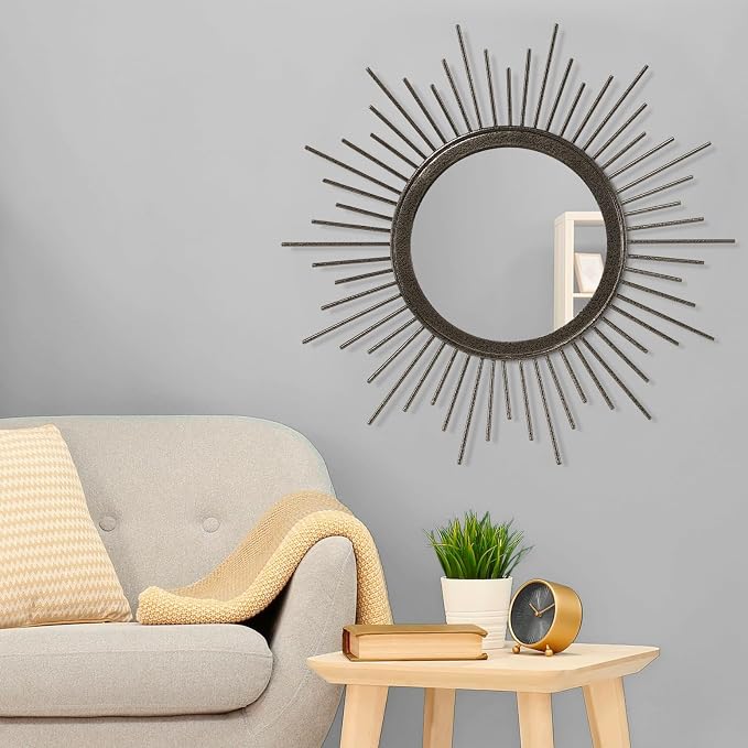Large Sunburst Wall Mirror, Round Home Modern Metal Art Mirror for Bathroom Living Room Hallway Bedroom Balcony Farmhouse 24" x 24"