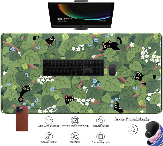 Kawaii Anime Aesthetic Black Cat Forest Plant Desk Mat, Green Sage XXL Large Extended Mouse Pad Gaming Cute Cats Desk pad, Laptop Keyboard and Mouse Mat for Women Desktop Office Decor 31.5x15.7 in