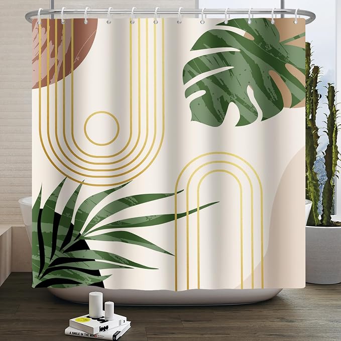Boho Sage Green Shower Curtain Bohemian Mid Century Geometric Abstract Curve Bathroom Curtain Palm Leaf Polyester Shower Curtain Sets for Bathroom Extra Long 72x96 in with 12 Hooks