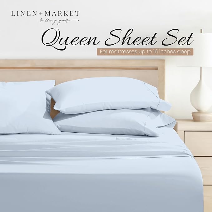 Linen Market Double-Brushed Microfiber Queen Sheet Set 4 Piece – Oeko-TEX Certified Ultra Soft & Wrinkle-Free - 16" Deep Pocket Sheets - Easy Care Queen Size - Light Blue